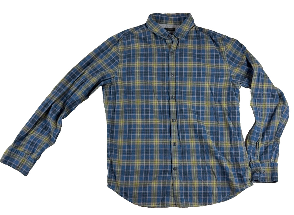 Banana Republic Luxe Flannel Shirt Mens M Camden Fit Blue Green Plaid Button Up